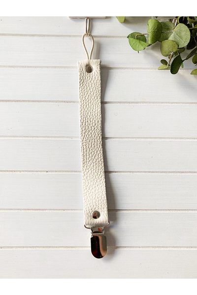 Li Puna White Leather Pacifier Strap - Pacifier Chain with Protected Metal Clip Lpemzk01