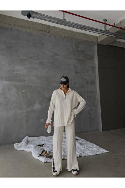 owwon Women's Ribbed High Collar Zippered Leg Slit Side Zipper Ecru Bottom Top Double Knitwear Suit