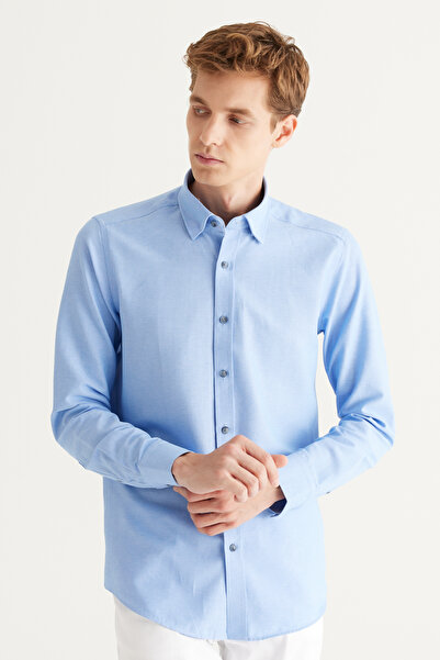 AC&Co / Altınyıldız Classics Чоловіча синя сорочка Оксфорд з бавовняним прихованим коміром на ґудзиках з довгими рукавами, що облягає фігуру