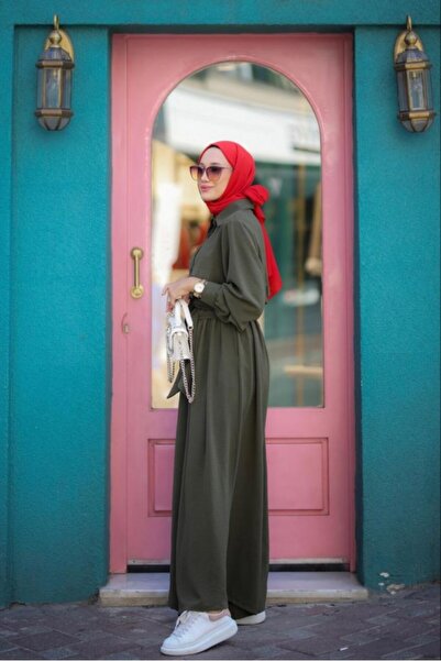 NS Moda Tesettür Tulum Kuşaklı, Göğsü Düğmeli Haki Model-498