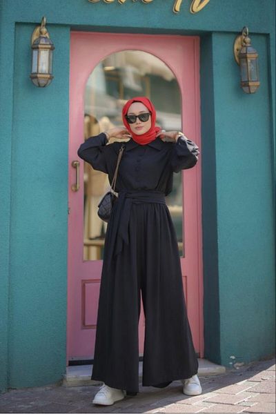 NS Moda Hijab Jumpsuit Belted, Chest Buttoned Black Model-498