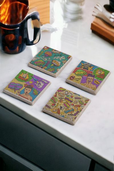 Gri Grafik Design Workshop Comic Themed Uv Printed Stone Coasters Set of 4 Mod-1