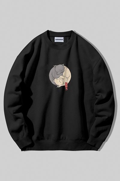 Harmandar Hanorac unisex cu imprimeu cu pisică Ying Yang, negru, cangur, cu decolteu triplu