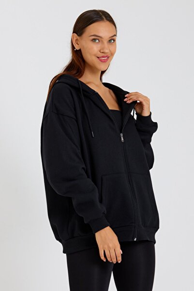 mmetalic Siyah Kanguru Cepli Kapüşonlu Fermuarlı Içi Pamuklu Oversize Kadın Sweatshirt