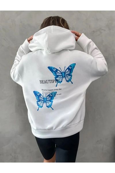 Machetta Μεγάλο μέγεθος Beautiful Butterfly Back Print Λεπτομέρεια Φούτερ-Φούτερ με κουκούλα με λευκή κουκούλα