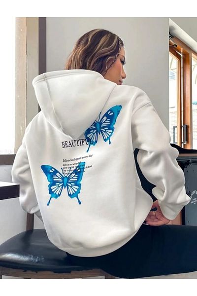 Machetta Μεγάλο μέγεθος Beautiful Butterfly Back Print Λεπτομέρεια Φούτερ-Φούτερ με κουκούλα με λευκή κουκούλα