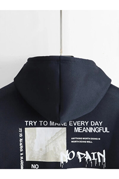 Machetta Μεγάλο μέγεθος Navy Blue No Pain No Gain Print Λεπτομερής φούτερ με κουκούλα τσέπης-Hoodie