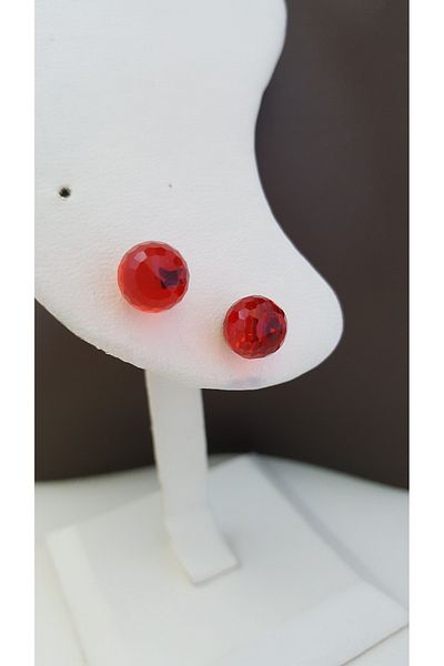 Lenanica Czech Crystal Diamond Cut Fire Red Ball Earrings on Steel
