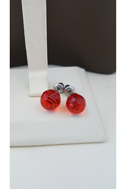 Lenanica Çelik Üzeri Çek Kristali Elmas Kesim Ateş Kırmızı Top Küpe