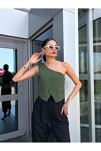 Laluvia Khaki Single Shoulder Buttoned Front Vest