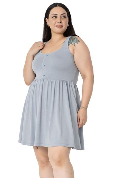 DISENTIS MODEST Plus Size Ornamental Button Detailed Viscose Short Light Gray Dress