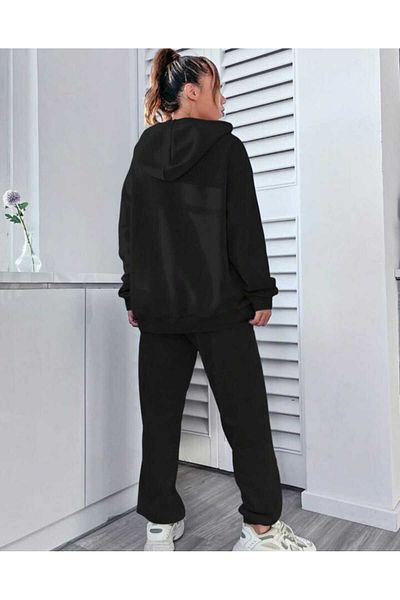 mercoledi Set de trening supradimensionat, negru, cu glugă, cu glugă, cu imprimeu Smile