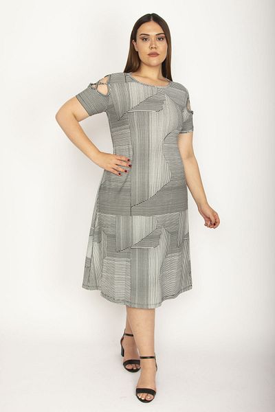 Şans Women's Large Size Gray Shoulder Detailed Dress 65n26571