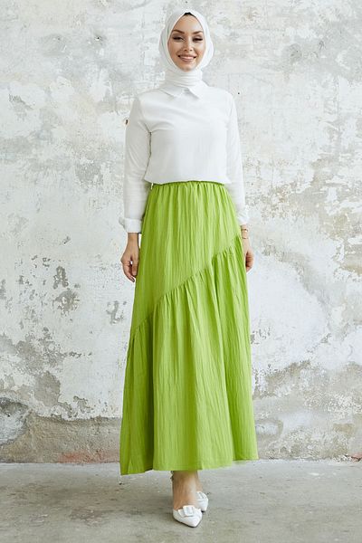 InStyle Fusta Seersucker cu detaliu țevi Arina - verde fistic