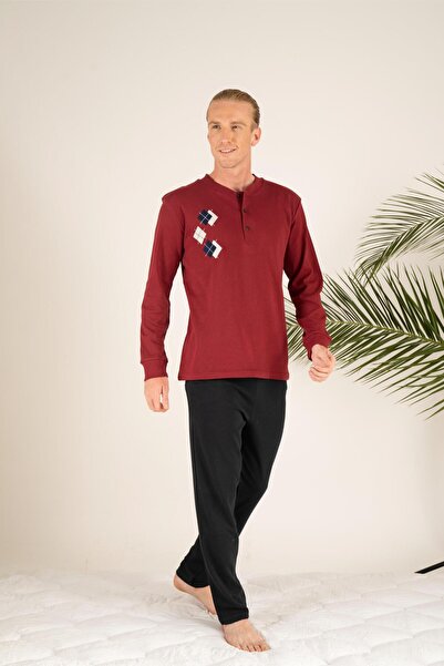 Estiva Men's Winter Three-Button Round Collar Combed Cotton Pajama Set