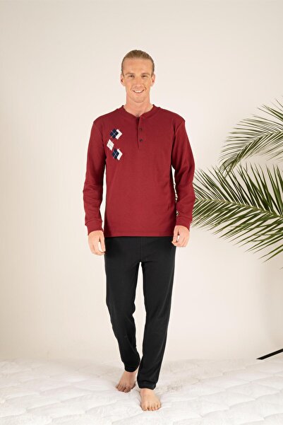 Estiva Men's Winter Three-Button Round Collar Combed Cotton Pajama Set