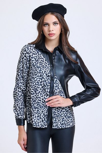 MD trend Women's Gray Patterned Satin Garnish Color Block Leather Shirt