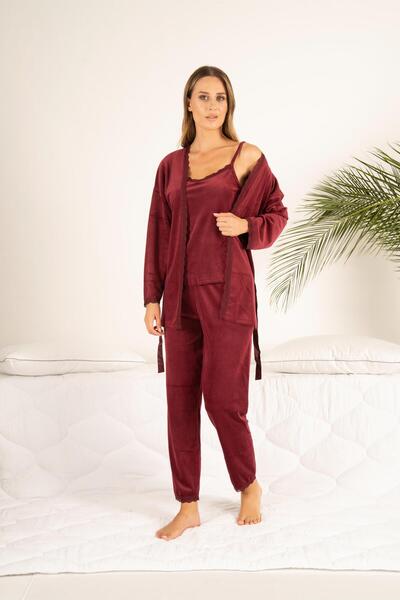 Estiva Γυναικείο Σετ Πιτζάμες Χειμερινό 3 τεμαχίων με Δαντελένια Λεπτομέρεια Μαλακό Βελούδινο Σετ Πιτζάμες