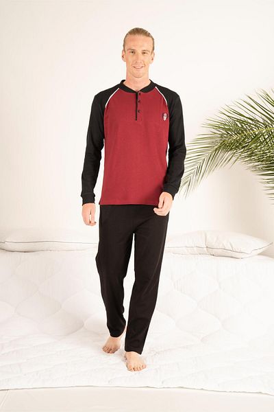 Estiva Men's Winter Three-Button Round Collar Combed Cotton Pajama Set