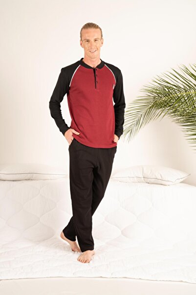 Estiva Men's Winter Three-Button Round Collar Combed Cotton Pajama Set