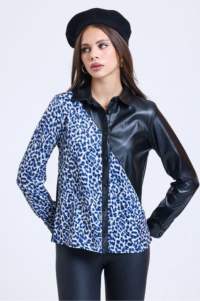 MD trend Cămașă din piele pentru femei, cu model albastru, cu garnitură din satin