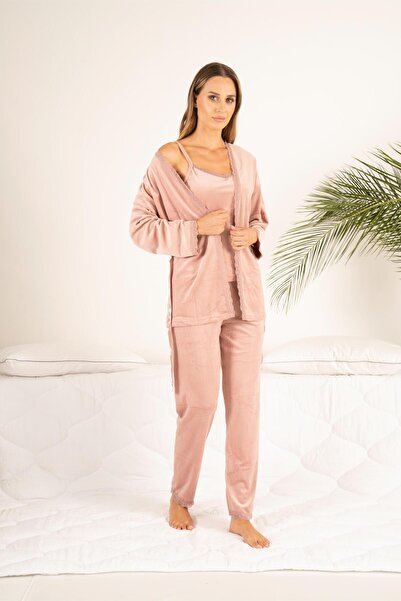 Estiva Women's Winter 3-Piece Dressing Gown Lace Detailed Soft Velvet Pajama Set