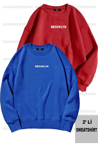 Buğraterzimoda Μπρούκλιν Τυπωμένο Unisex Oversize Κόκκινο-Σαξ Μπλε Διπλό Φούτερ