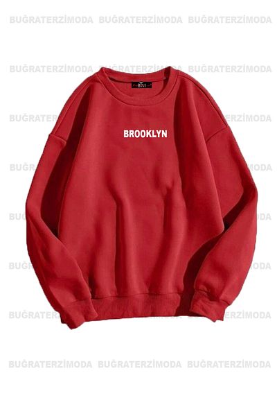 Buğraterzimoda Μπρούκλιν Τυπωμένο Unisex Oversize Κόκκινο-Σαξ Μπλε Διπλό Φούτερ