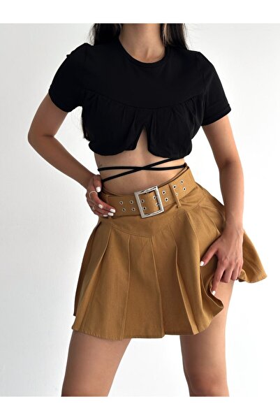 DeChival PİLELİ KEMERLİ ETEK İÇDEN ŞORTLU / PLEATED BELTED SKIRT WITH INNER SHORTS