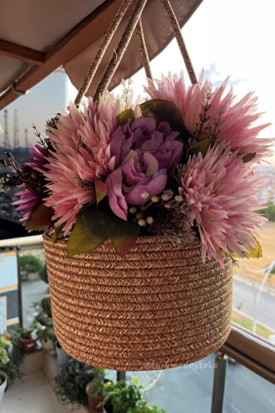 Türkmen Ev Tekstil أصيص حائط من خيط الجوت - حامل زهور مزخرف ووعاء زهور معلق