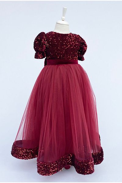 zühre balaban Burgundy Velvet Sequined Girl's Evening Dress
