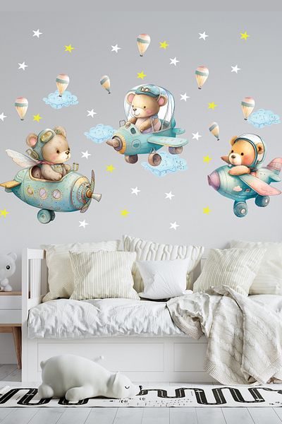 Sim Tasarım Retro Pilot Bears Kids Room Decorative Wall Sticker Set