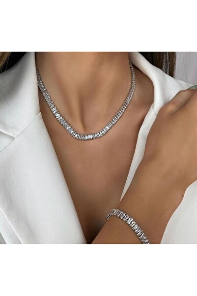 BORENO Su Yolu Baget Taşlı Dolgun Çelik Kolye, Bileklik Set ( Kararmaz, Solmaz)