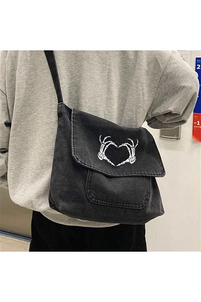 Touz Geantă Messenger Blunt Blunt Skeleton Heart Printed Vintage Unisex Gri Denim