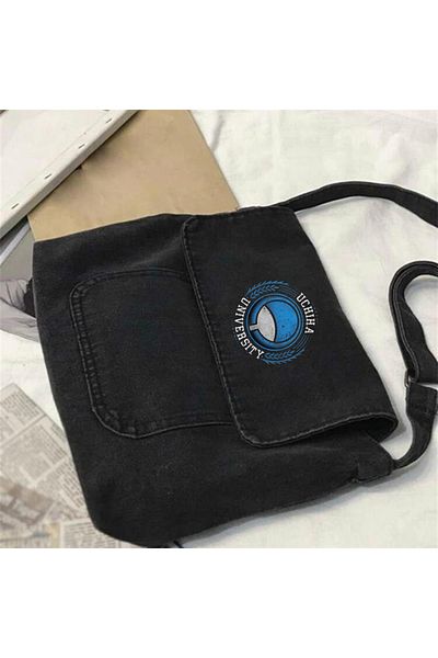 Touz Uchiha University Printed - Geantă Messenger Vintage Unisex Gri Denim