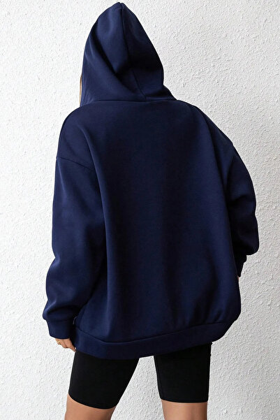 Machetta Plus Size Unisex Navy Blue Unprinted 3 νημάτων Oversize Fleece Jacket - Cardigan