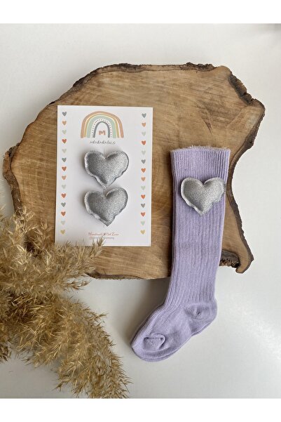 Miniminiksdesing Simli kalp aksesuarlı çorap ve toka seti