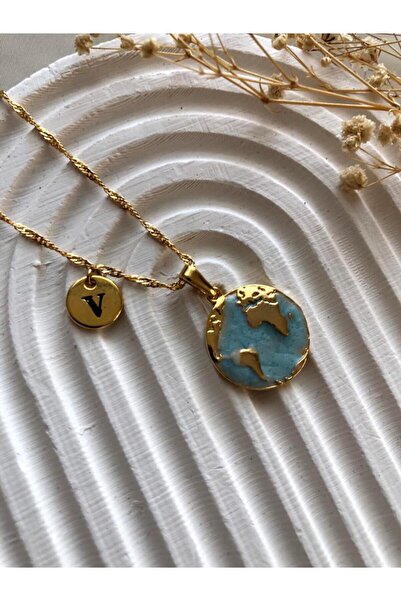 takıcım design DÜNYA TURKUAZ V HARFLİ KOLYE
