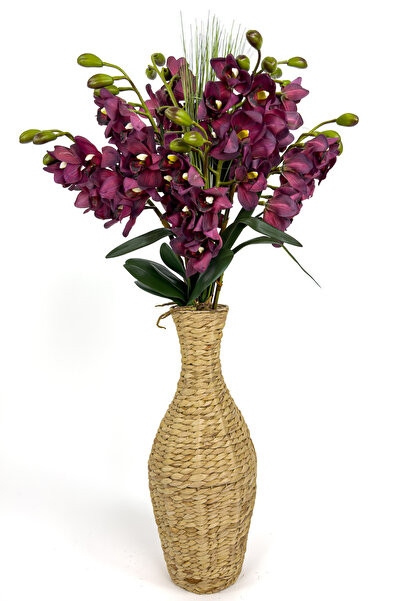 BİÇİÇEK Luxury Mor Singapur Orkide 120 cm hasır bohem vazoda