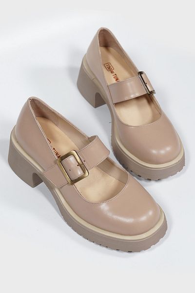 TUNAELLİ WOMEN BEIGE GENUINE NATURAL LEATHER BUCKLE STRAP SHOES
