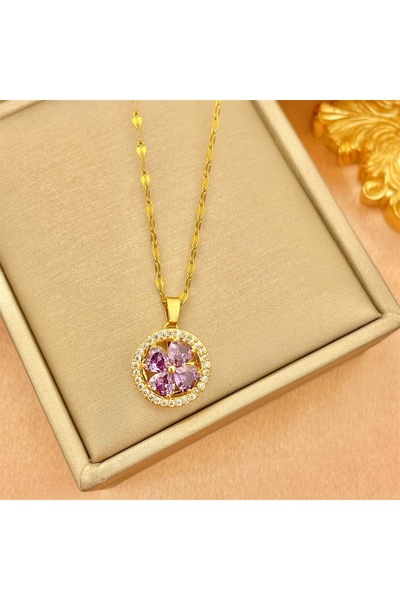 neslyaccessories Mor Taşlı Çiçek Tasarım Dönen Stres Kolye