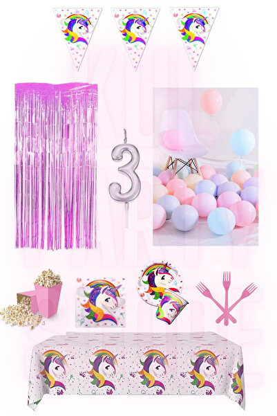 FOKUL Unicorn 8 Kişilik Doğum Günü Parti Seti Konsepti Parti Malzemeleri 3 Yaş