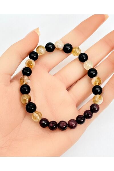 Genel Markalar Lal Garnet - Dönüşümlü Sitrin - Obsidyen Bileklik 8 mm Unısex