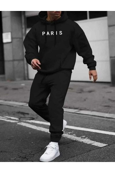 PUNIX PLUS SIZE BATTAL 100% COTTON 3 YARN FULL WINTER PRINTED BLACK MEN'S PARIS TRACKSUIT SET