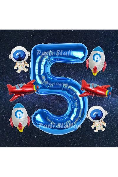 Parti Station بالون رقم اللون الأزرق الداكن لمفهوم الفضاء، مجموعة بالونات عيد ميلاد 5 سنوات، بالون صاروخ الفضاء جالاكسي رائد الفضاء