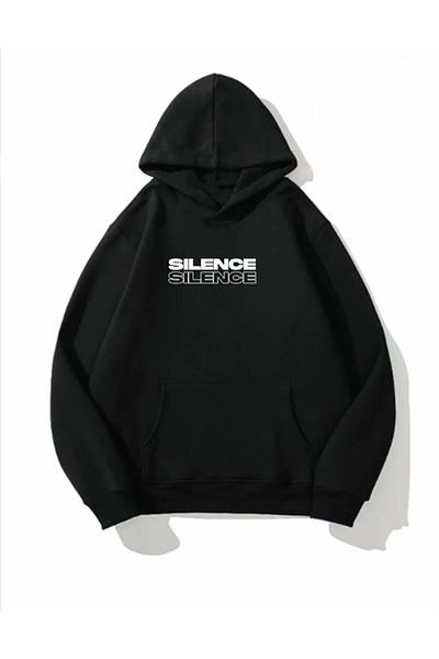 BE QUEEN PLUS SIZE SPECIAL PRODUCTION SILENCE PRINTED HOODED 100% COTTON WOMEN'S SWEATSHIRT