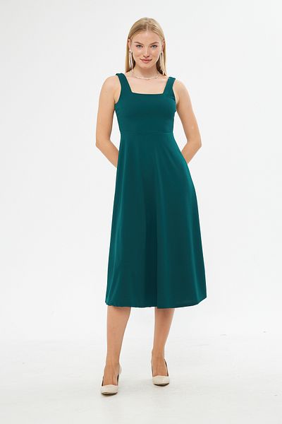 lovebox Flexible Crepe Fabric Thick Strap Square Neck Midi Length Flared Design Emerald Green Evening Dress 086