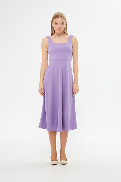 lovebox Flexible Crepe Fabric Thick Strap Square Neck Midi Length Flared Design Lilac Evening Dress 086