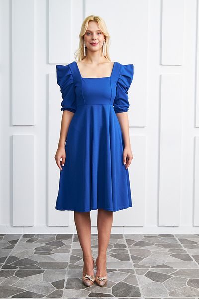 barış sülün lovebox Синя вечірня сукня Saks з крепової тканини з коротким рукавом і квадратним вирізом довжини міді Saks Синя вечірня сукня 080