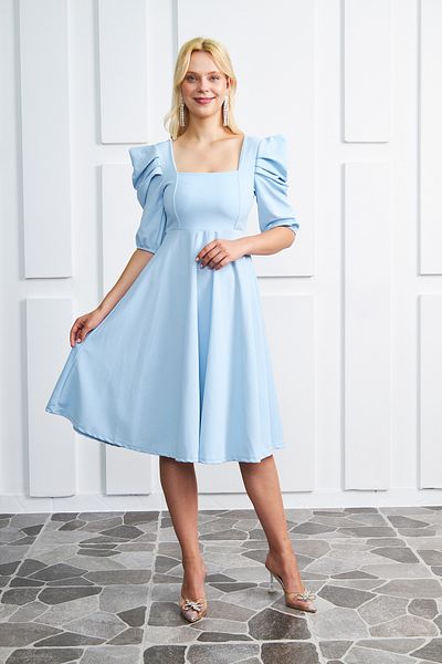 barış sülün lovebox Baby Blue Crepe Ύφασμα κοντομάνικο Midi Μήκος Τετράγωνος Γιακάς Baby Blue βραδινό φόρεμα 080